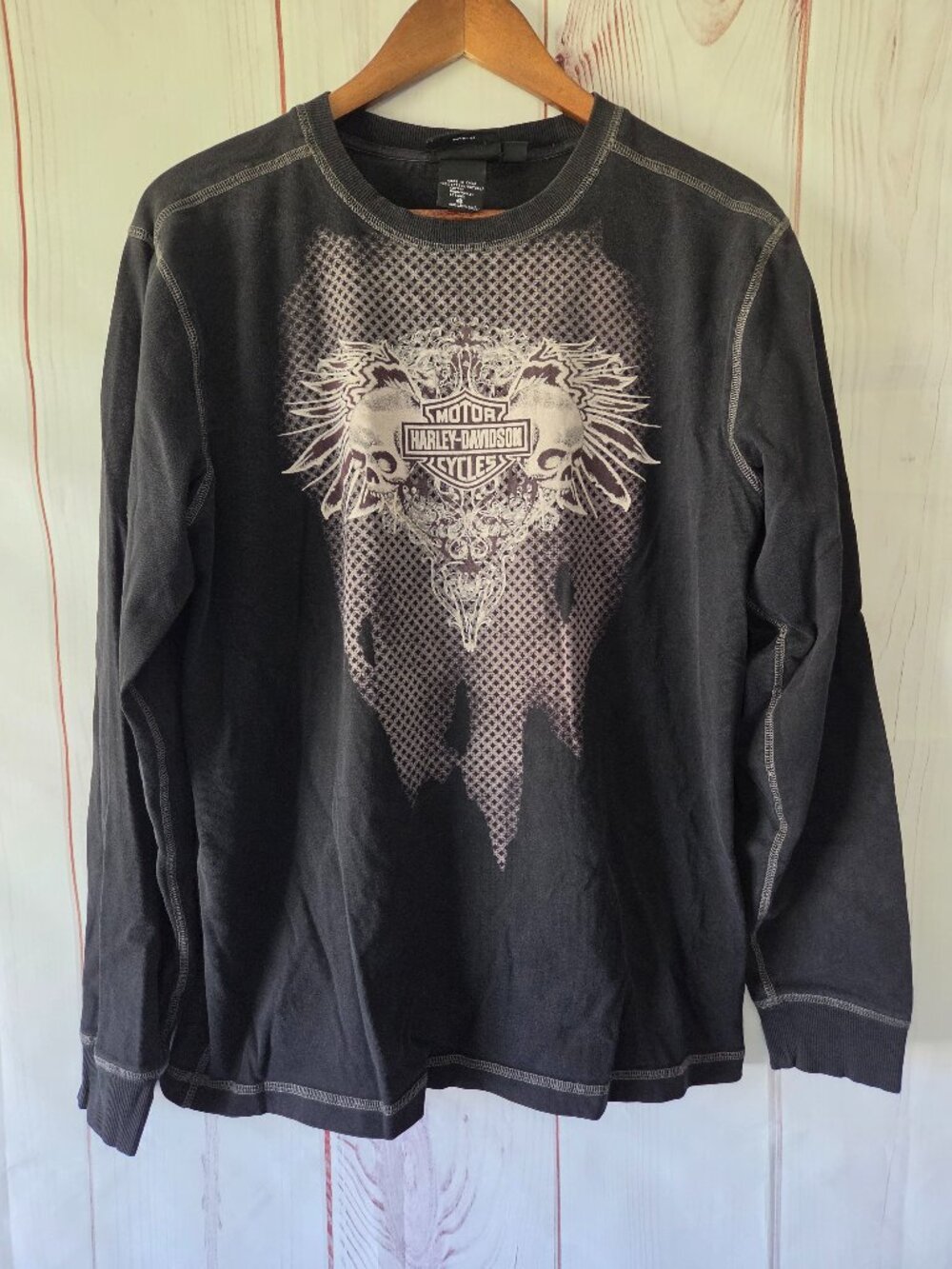 Harley Davidson Long Sleeve Graphic Shirt, Men’s M. Black/gray, winged skull Y2K